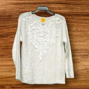 Ruby Rd Fuzzy Eyelash Knit Ivory Cream Sweater 3D Floral Petals & Silver Sparkle